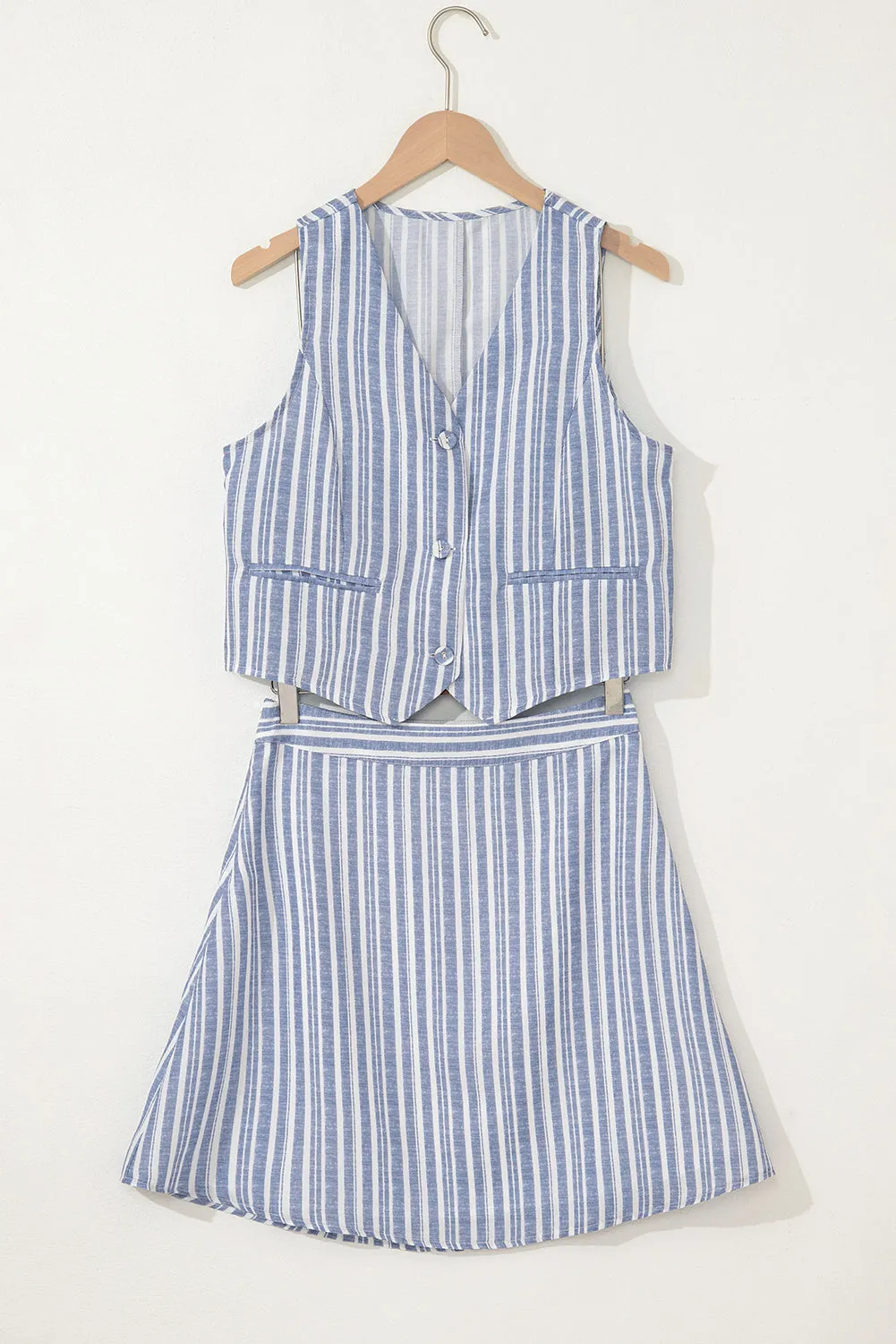 Sky Blue Stripe Buttoned Office Waistcoat Mini Skirt Set sold by eAura product image thumbnail 3
