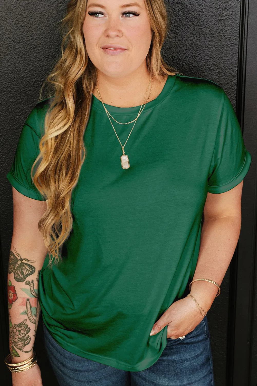 Dark Green Round Neck Rolled Sleeve Plus Size T-shirt sold by eAura product image thumbnail 4