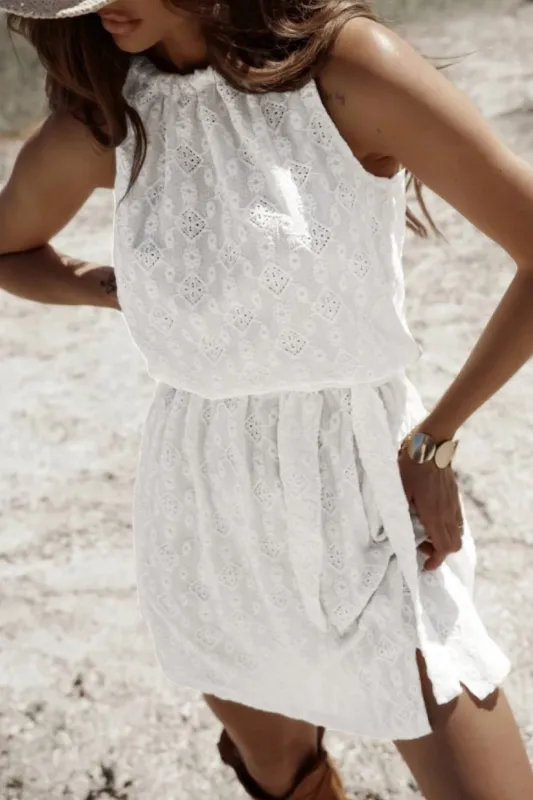 White Lace Sleeveless Knot Hollow Out Back Tied Waist Mini Dress sold by eAura