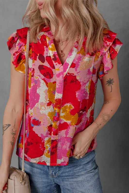 Red Abstract Print Split V Neck Ruffle Short Sleeve Blouse sold by eAura