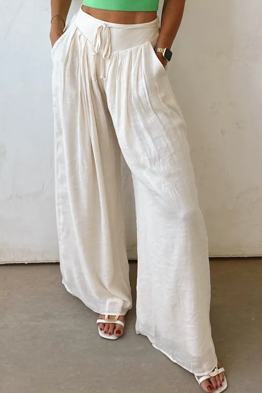 White Casual Tie Waist Pleated Wide Leg Trousers sold by eAura