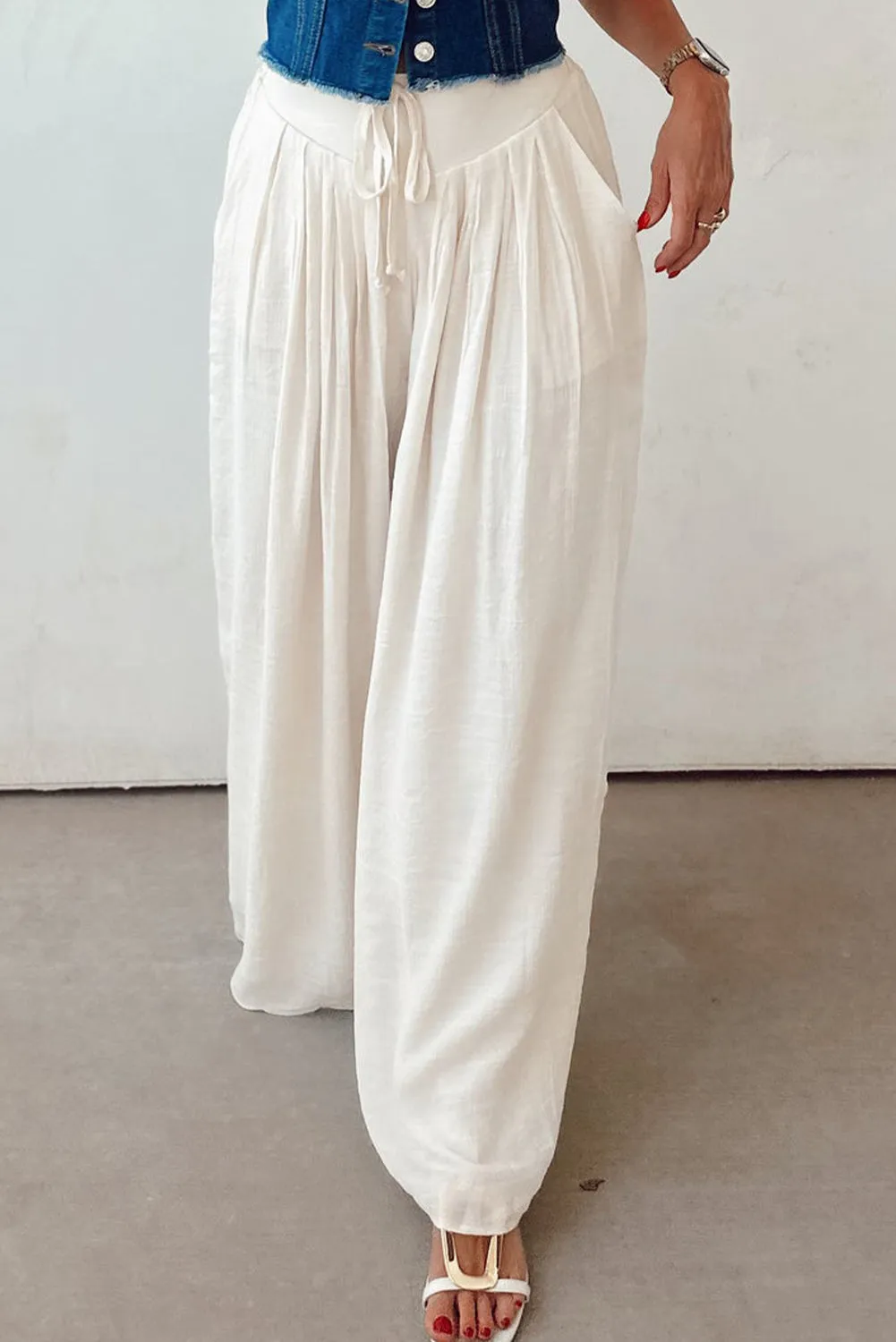 White Casual Tie Waist Pleated Wide Leg Trousers sold by eAura product image thumbnail 3