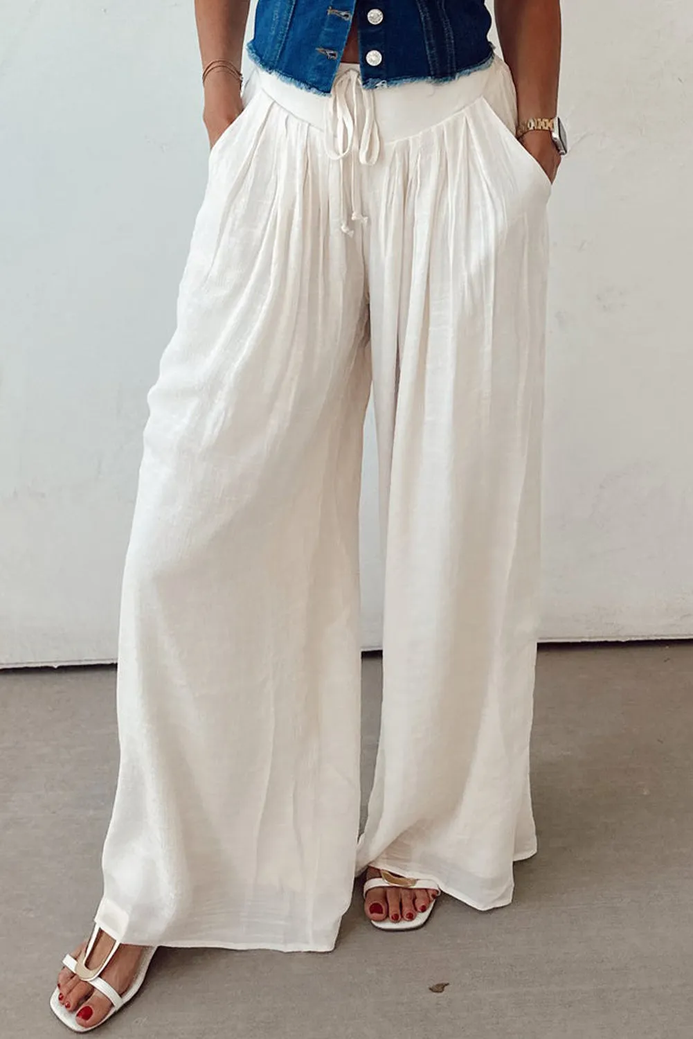 White Casual Tie Waist Pleated Wide Leg Trousers sold by eAura product image thumbnail 5