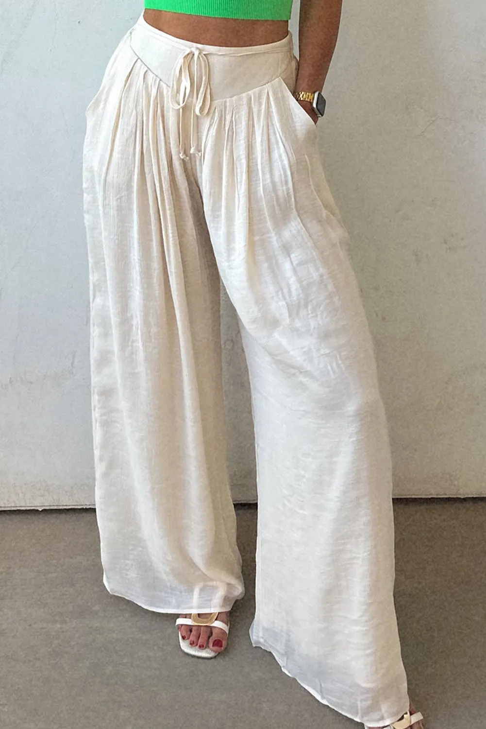 White Casual Tie Waist Pleated Wide Leg Trousers sold by eAura product image thumbnail 4