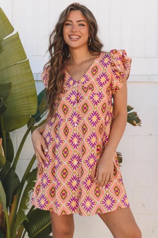 Orange Geometric Floral V Neck Buttoned Ruffled Sleeve Mini Dress sold by eAura