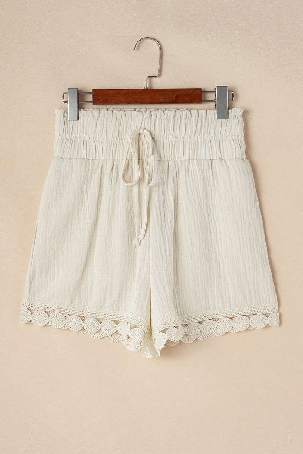 Apricot Textured Frilled Knotted High Waist Lace Hem Shorts sold by eAura product image thumbnail 5