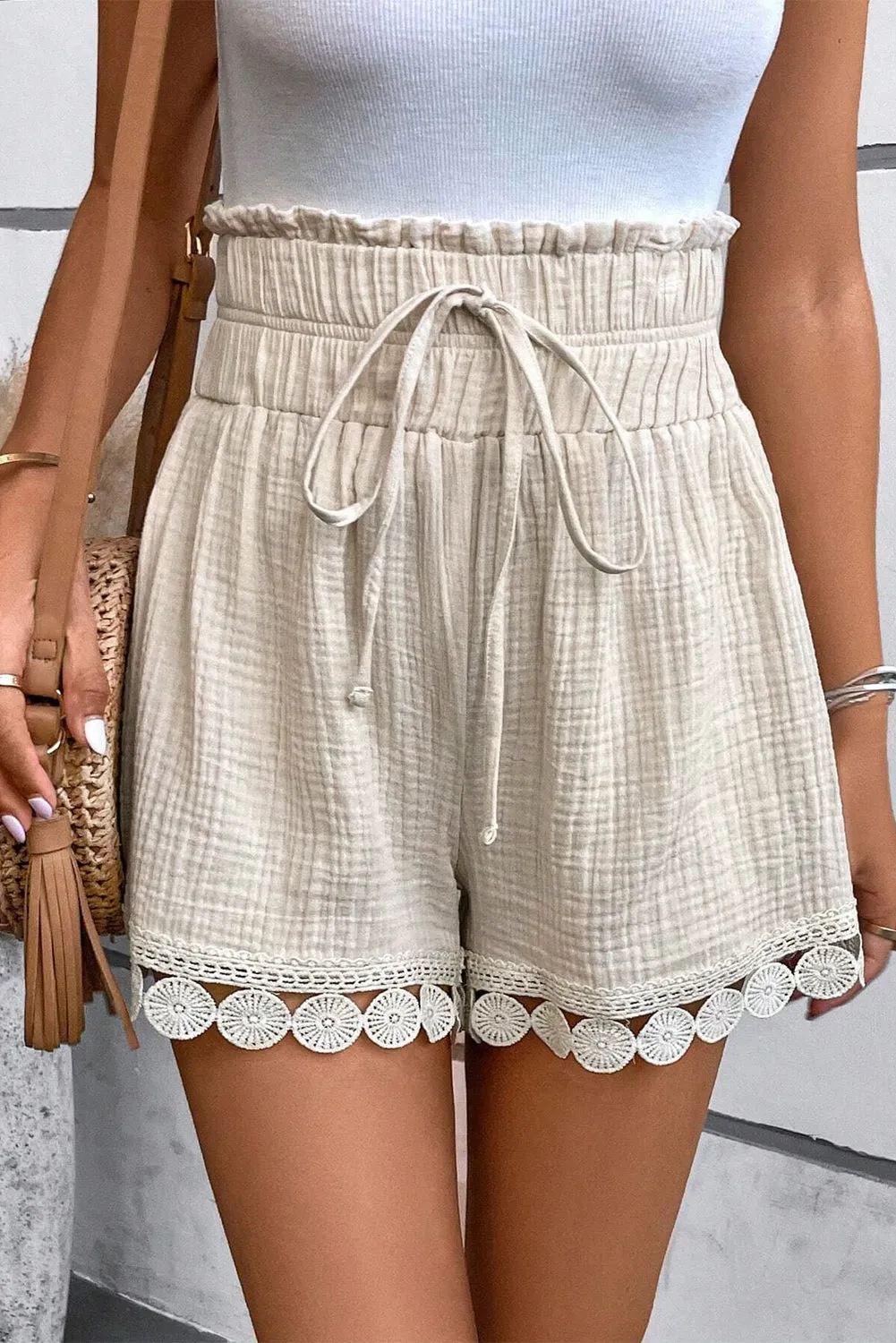 Apricot Textured Frilled Knotted High Waist Lace Hem Shorts sold by eAura product image thumbnail 3