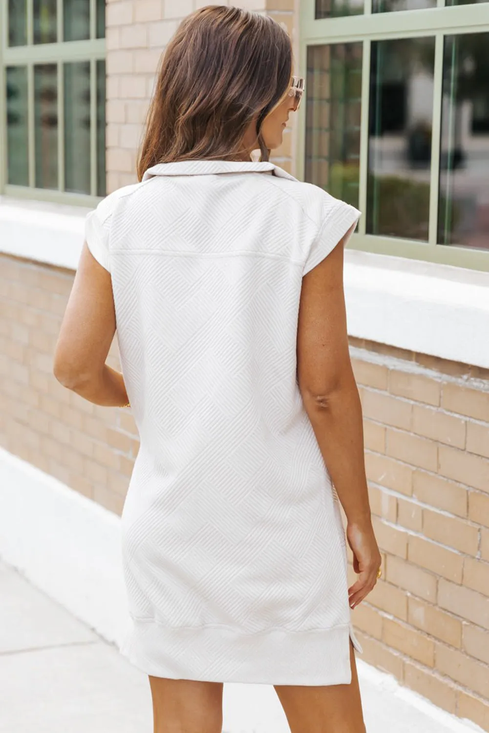 White Textured Half Zip Collared Cap Sleeve Mini Dress sold by eAura product image thumbnail 2