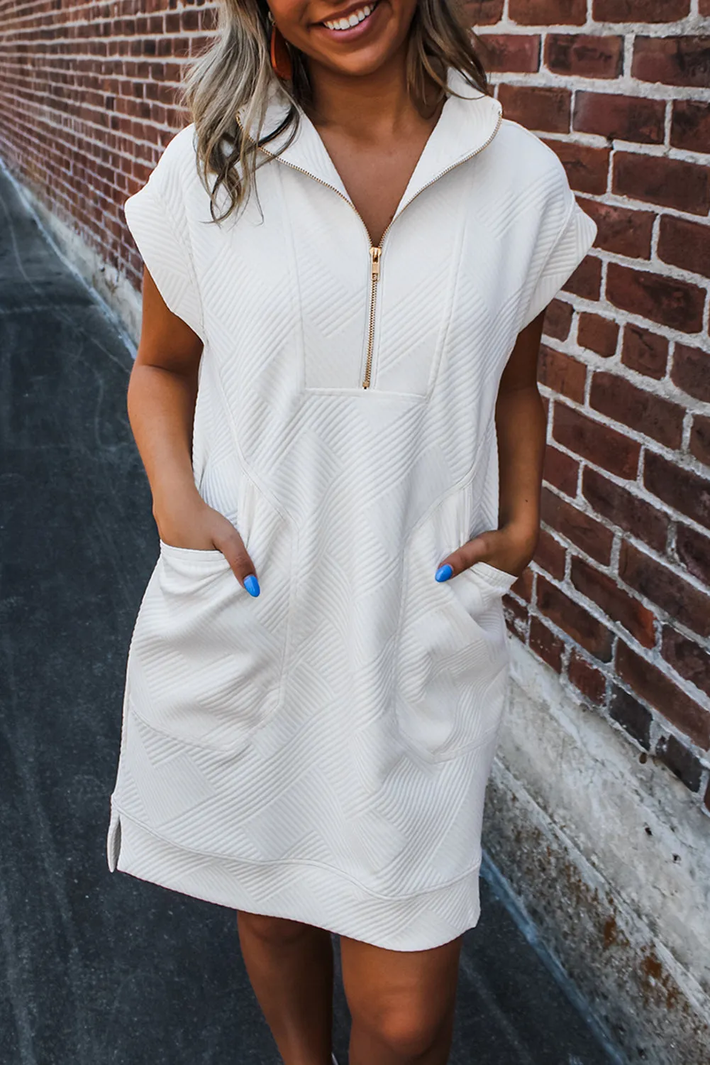 White Textured Half Zip Collared Cap Sleeve Mini Dress sold by eAura