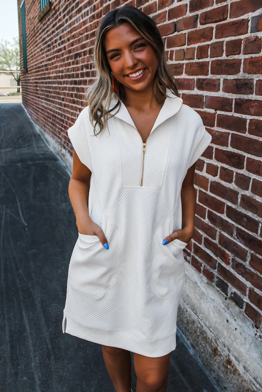 White Textured Half Zip Collared Cap Sleeve Mini Dress sold by eAura product image thumbnail 3