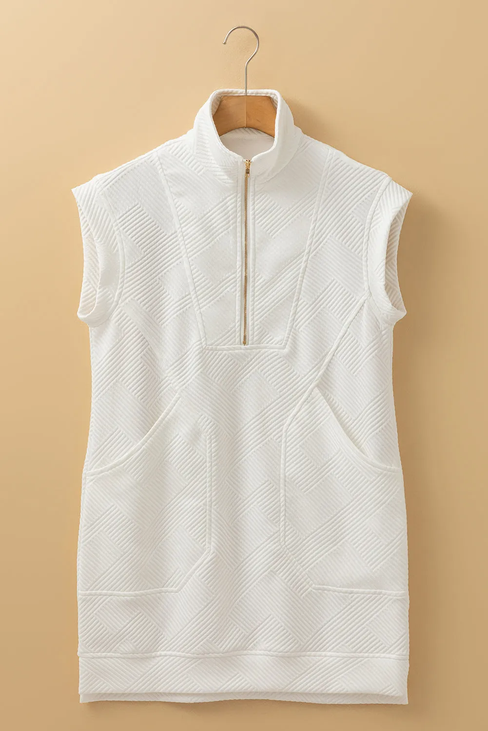 White Textured Half Zip Collared Cap Sleeve Mini Dress sold by eAura product image thumbnail 4