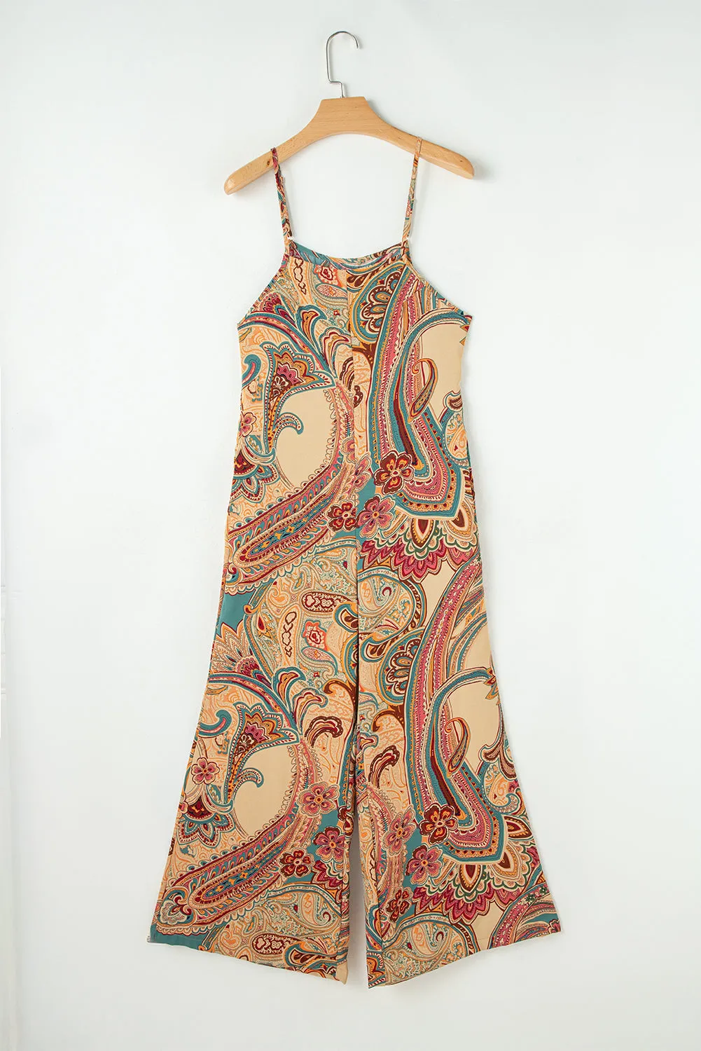 Red Paisley Printed Spaghetti Straps Elegant Wide Leg Jumpsuit sold by eAura product image thumbnail 3