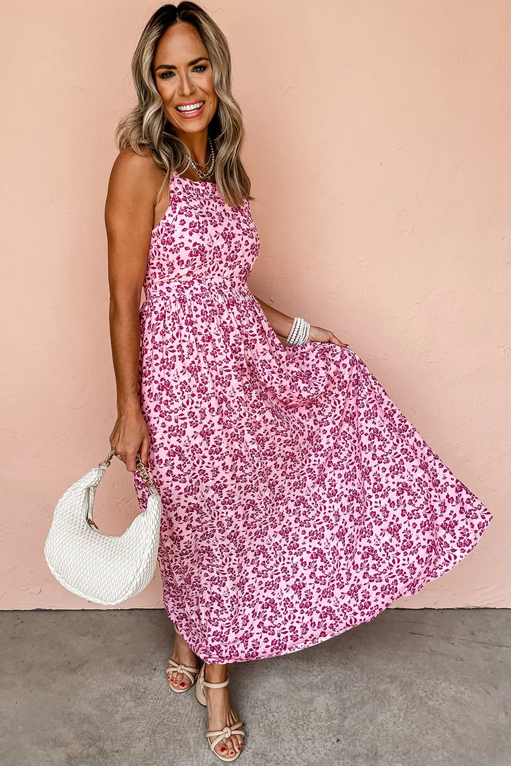 Pink Floral Cutout Back Empire Waist Sleeveless Maxi Dress sold by eAura product image thumbnail 3