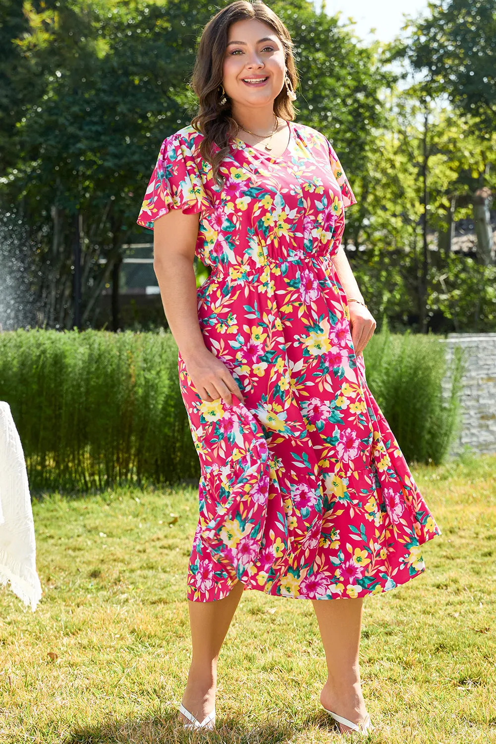 Pink Floral Print V Neck Pocketed High Waist Plus Size Midi Dress sold by eAura product image thumbnail 4
