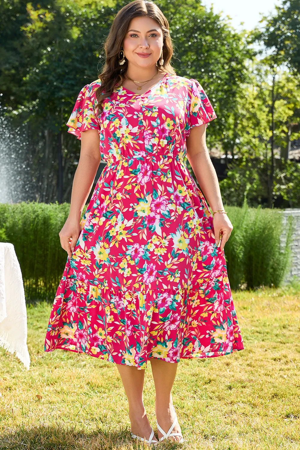 Pink Floral Print V Neck Pocketed High Waist Plus Size Midi Dress sold by eAura product image thumbnail 3