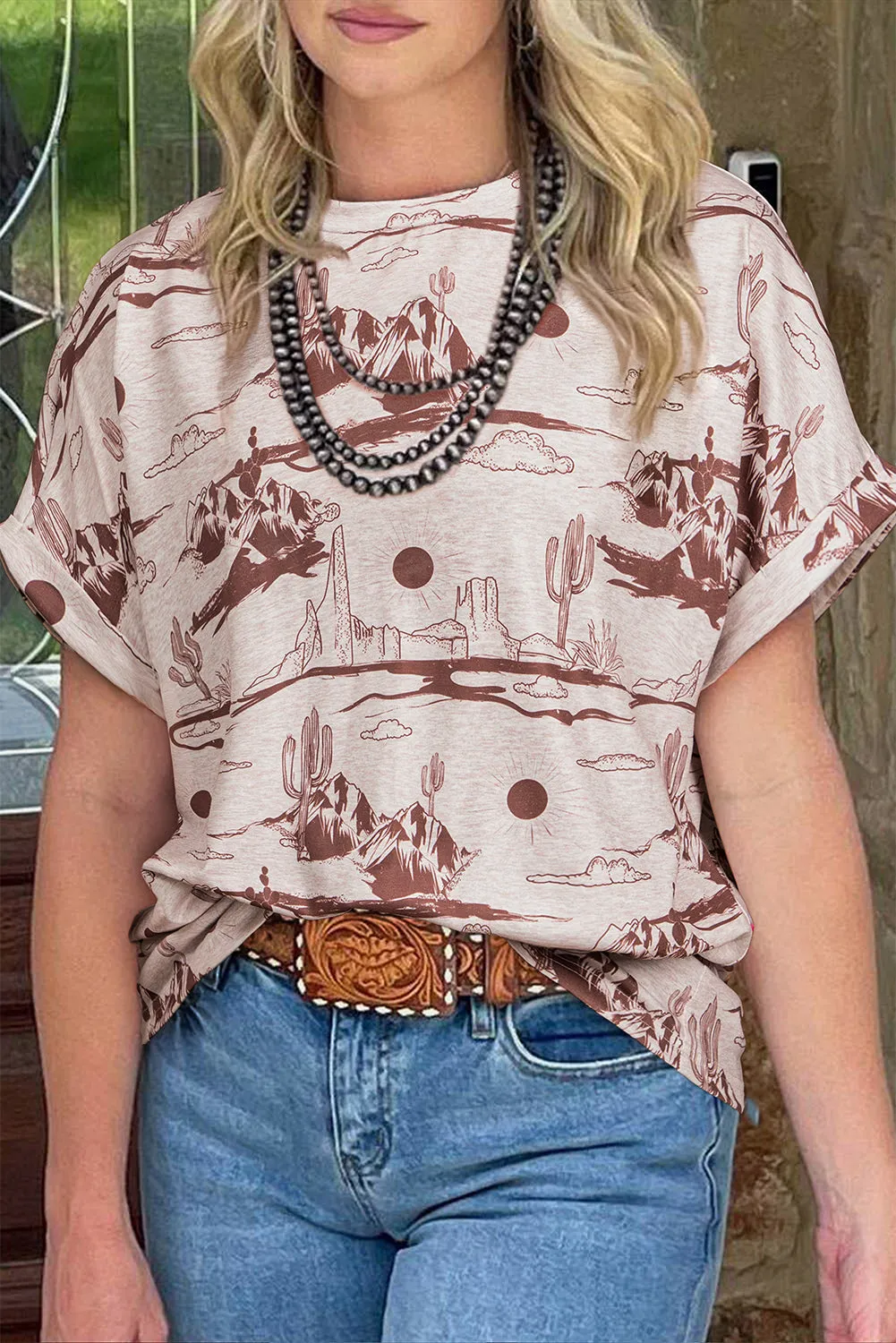 Brown Desert Sand Print Short Sleeve Knit Top sold by eAura