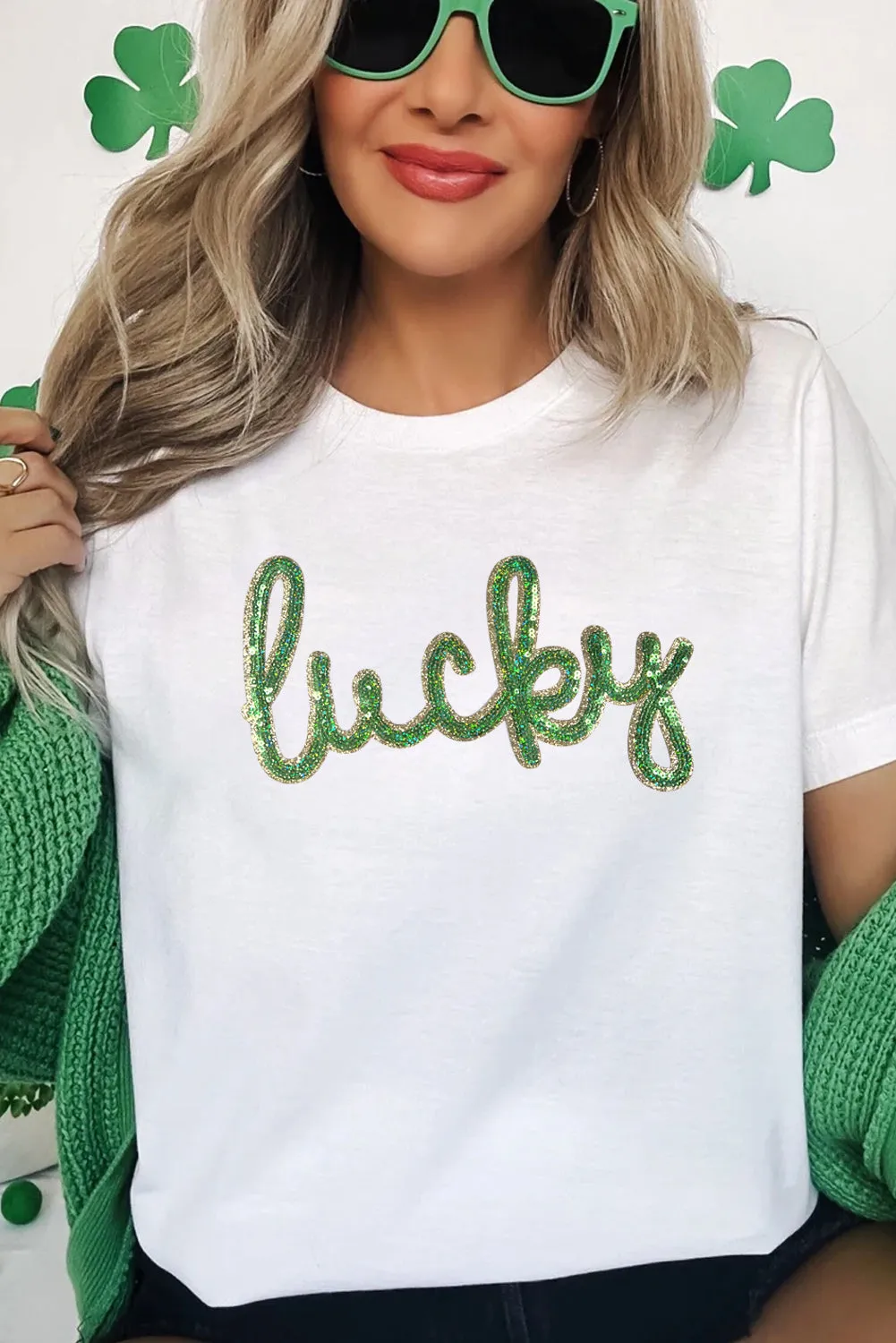 White Sequined Lucky St.Patricks Day Graphic Tee sold by eAura