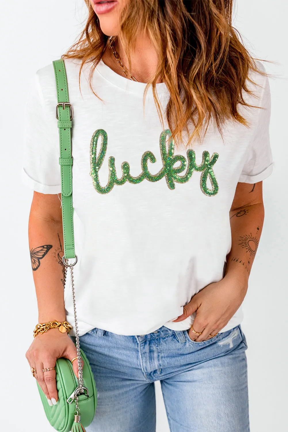 White Sequined Lucky St.Patricks Day Graphic Tee sold by eAura product image thumbnail 4