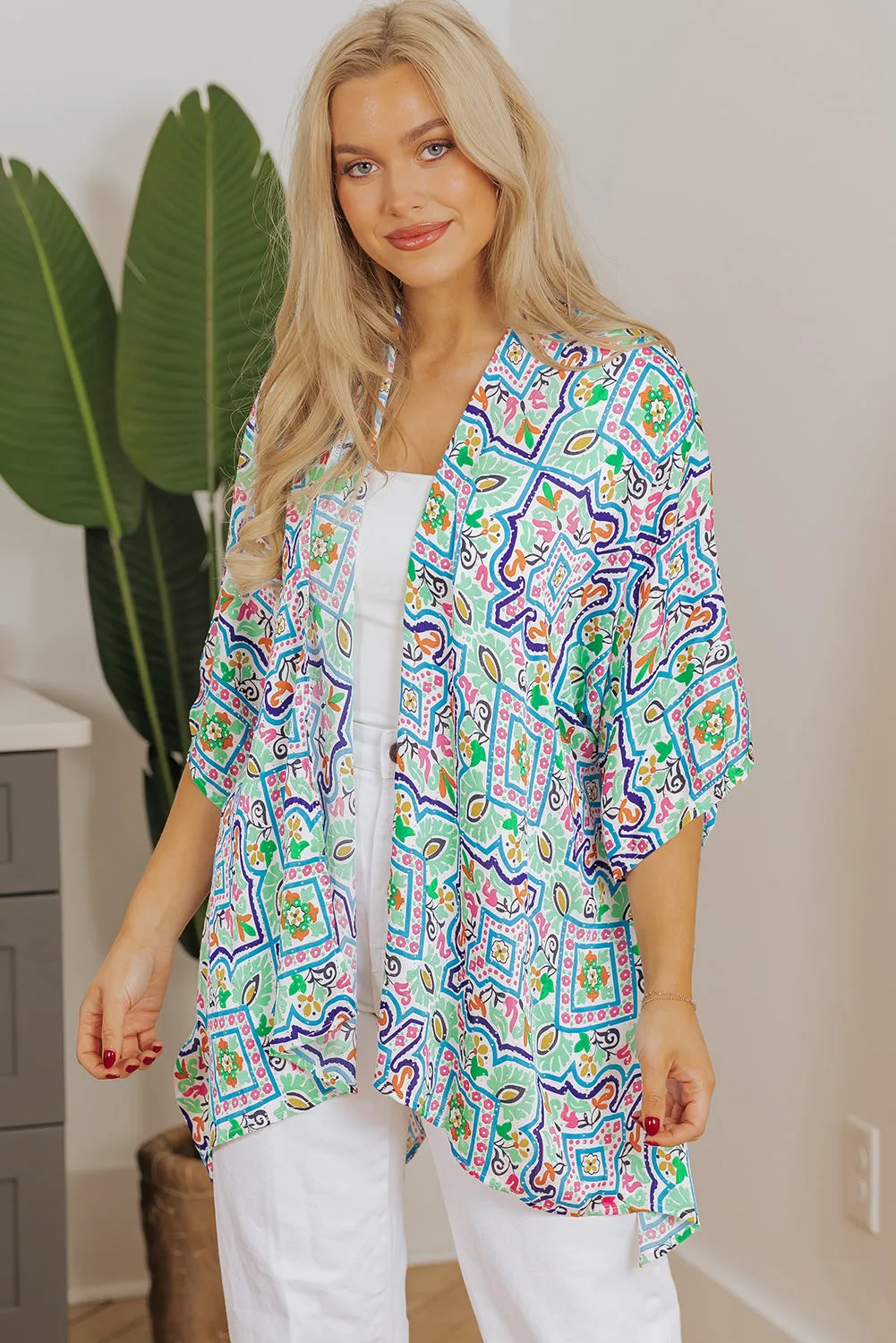 White Boho Floral Printed Rhinestone 3/4 Sleeve Open Front Kimono sold by eAura