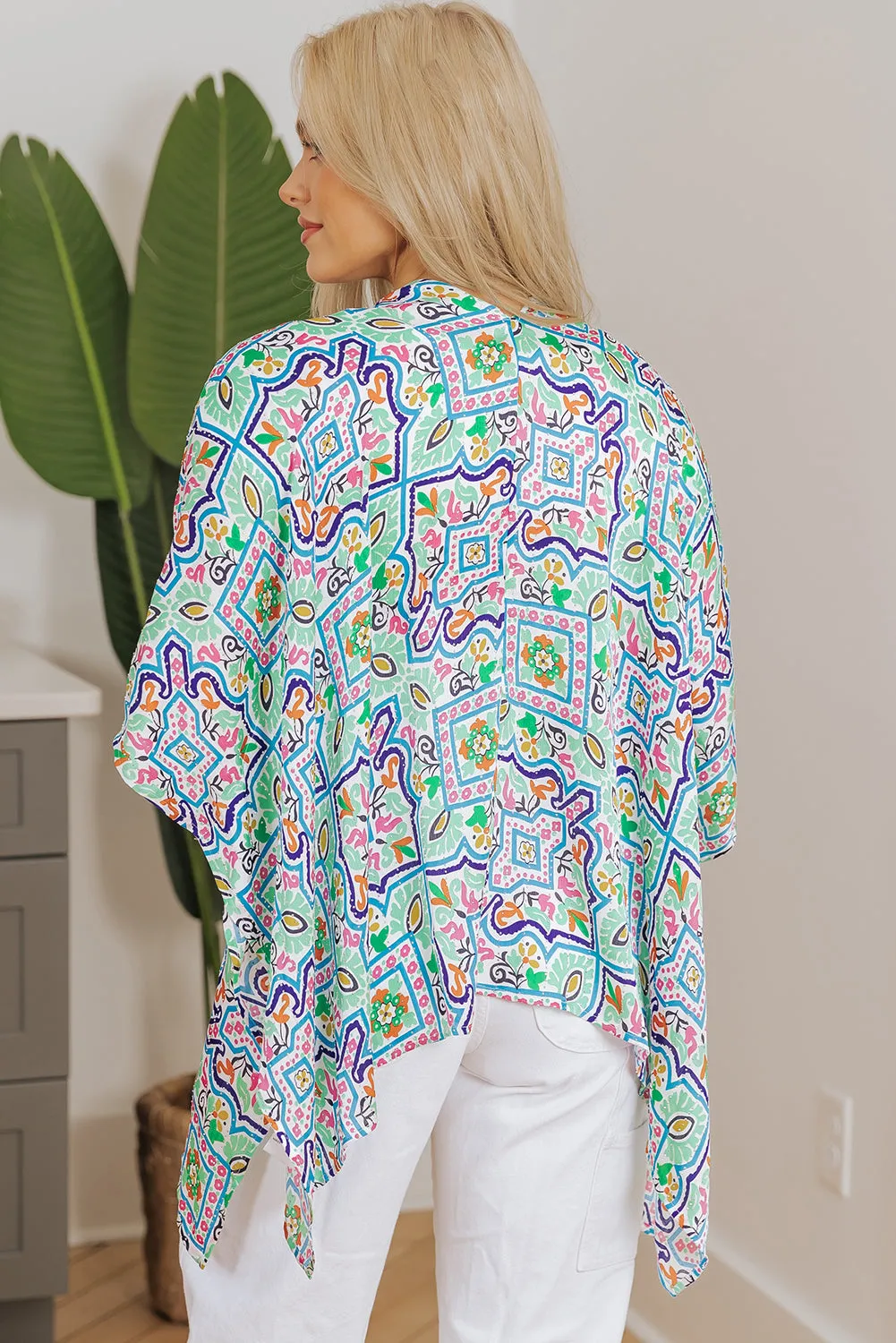 White Boho Floral Printed Rhinestone 3/4 Sleeve Open Front Kimono sold by eAura product image thumbnail 2