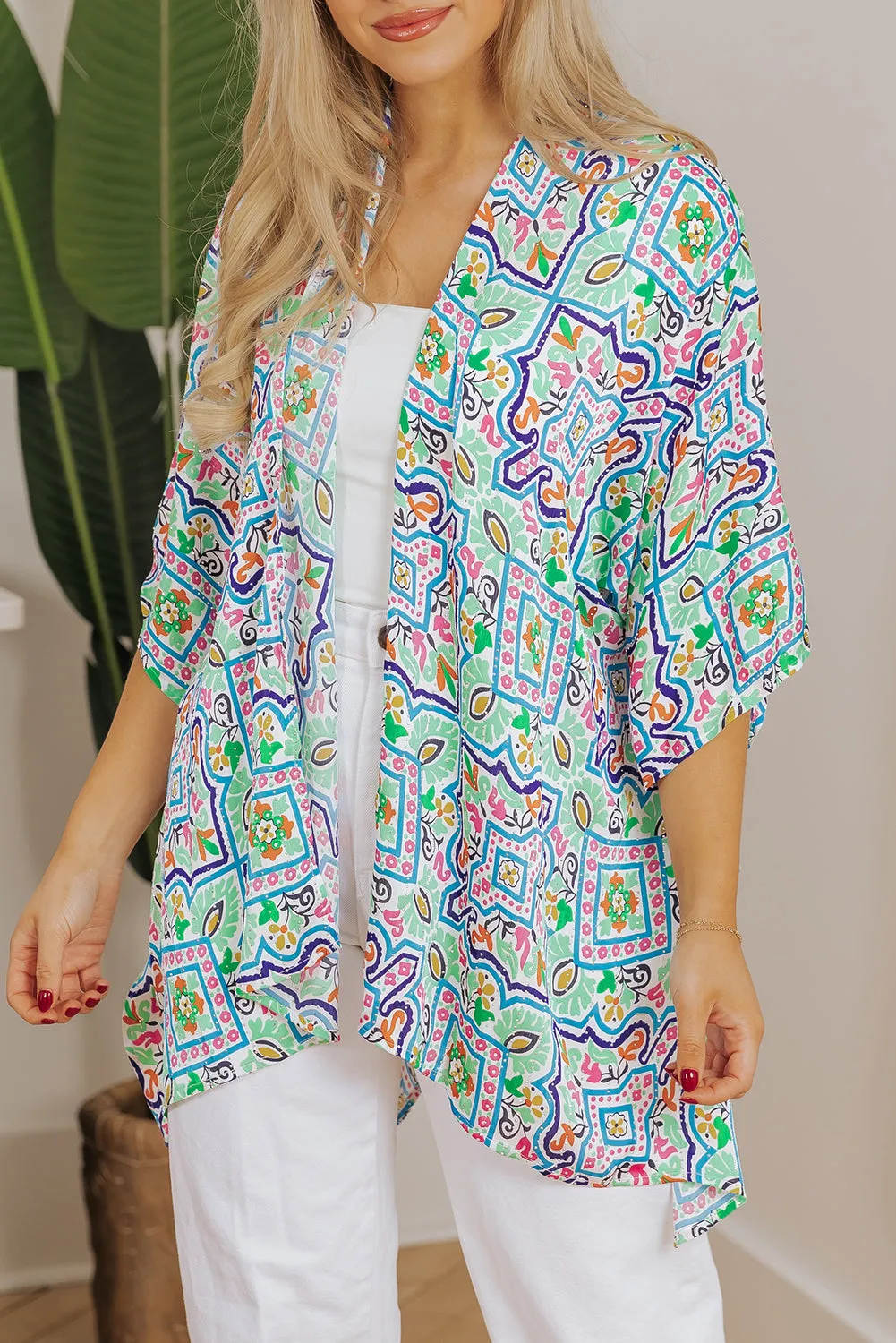 White Boho Floral Printed Rhinestone 3/4 Sleeve Open Front Kimono sold by eAura product image thumbnail 5