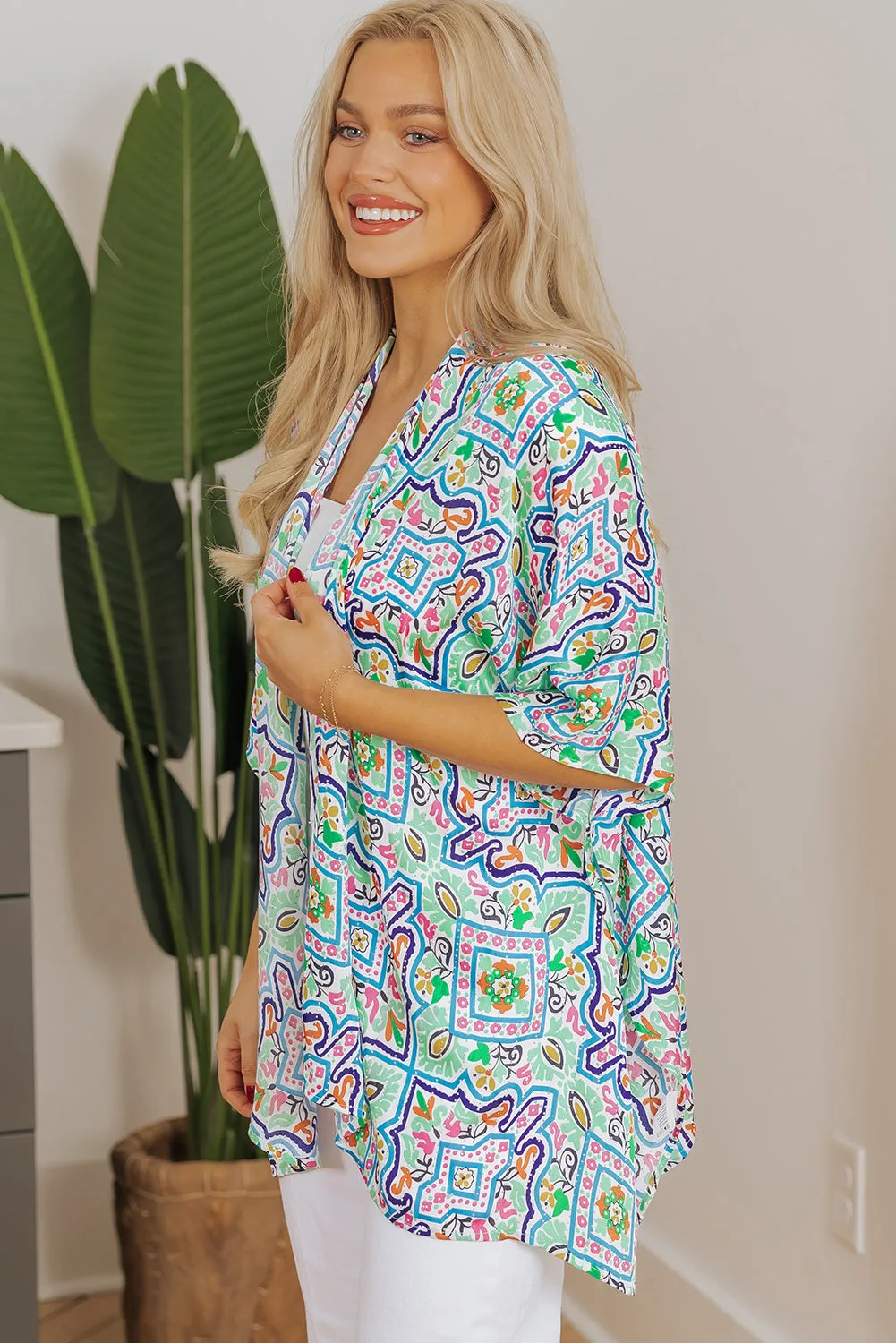 White Boho Floral Printed Rhinestone 3/4 Sleeve Open Front Kimono sold by eAura product image thumbnail 4