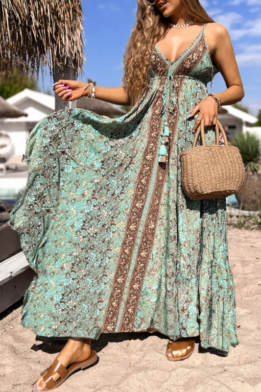 Green Floral Print V Neck Ruffled Trim Backless Tassel Waist Maxi Dress sold by eAura