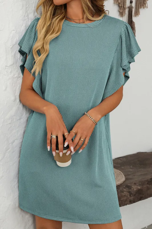 Canton Ribbed Ruffle Sleeve Crew Neck Shift Dress made by eAura