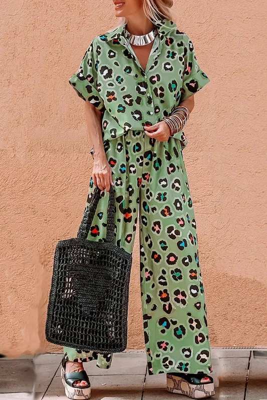 Green Leopard Print Short Sleeve Shirt and Wide Leg Trousers Set sold by eAura