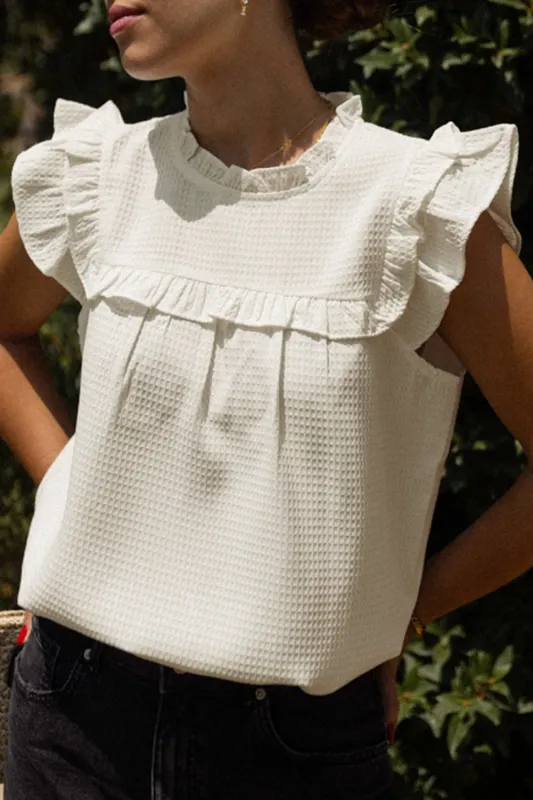 White Solid Colour Ruffle Trim Waffle Knit Blouse sold by eAura