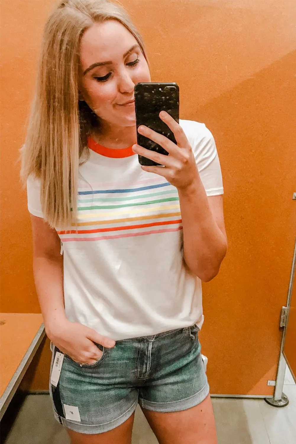 White Rainbow Stripe Print Contrast Crewneck T Shirt sold by eAura product image thumbnail 3