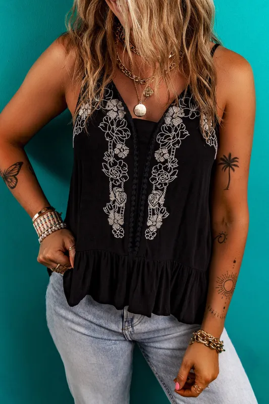 Black Floral Embroidery Ruffled Spaghetti Straps Tank Top sold by eAura