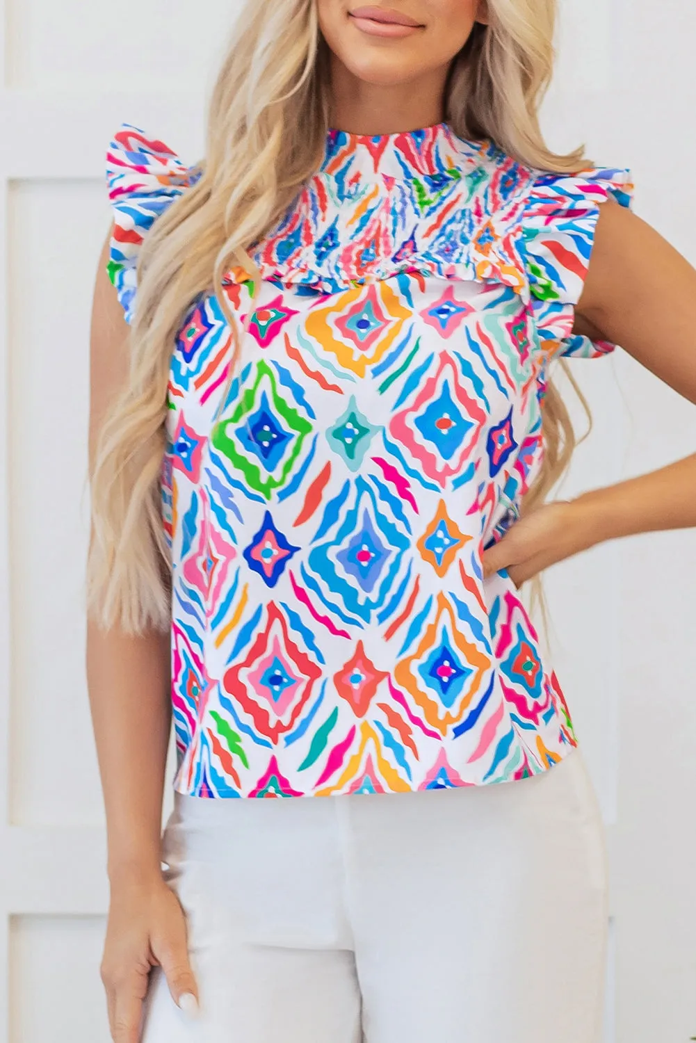 Light Blue Geometric Printed Flutter Sleeve Mock Neck Shirred Blouse sold by eAura product image thumbnail 5