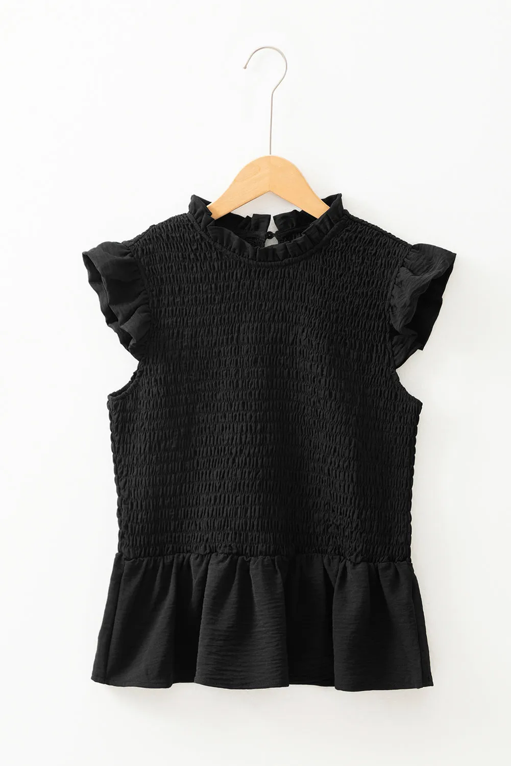 Black Ruffle Short Sleeve Shirred Peplum Top sold by eAura product image thumbnail 5