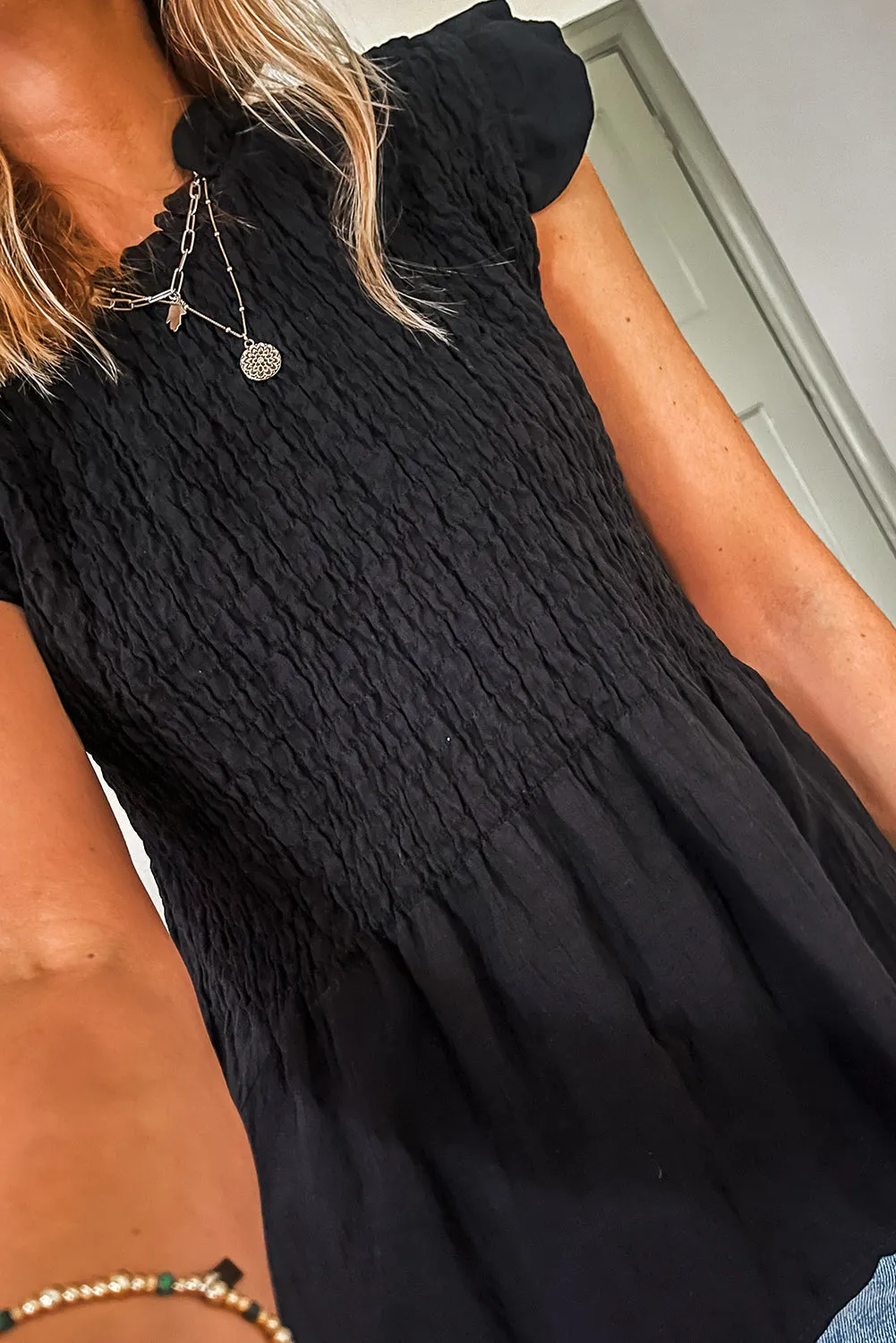 Black Ruffle Short Sleeve Shirred Peplum Top sold by eAura product image thumbnail 3