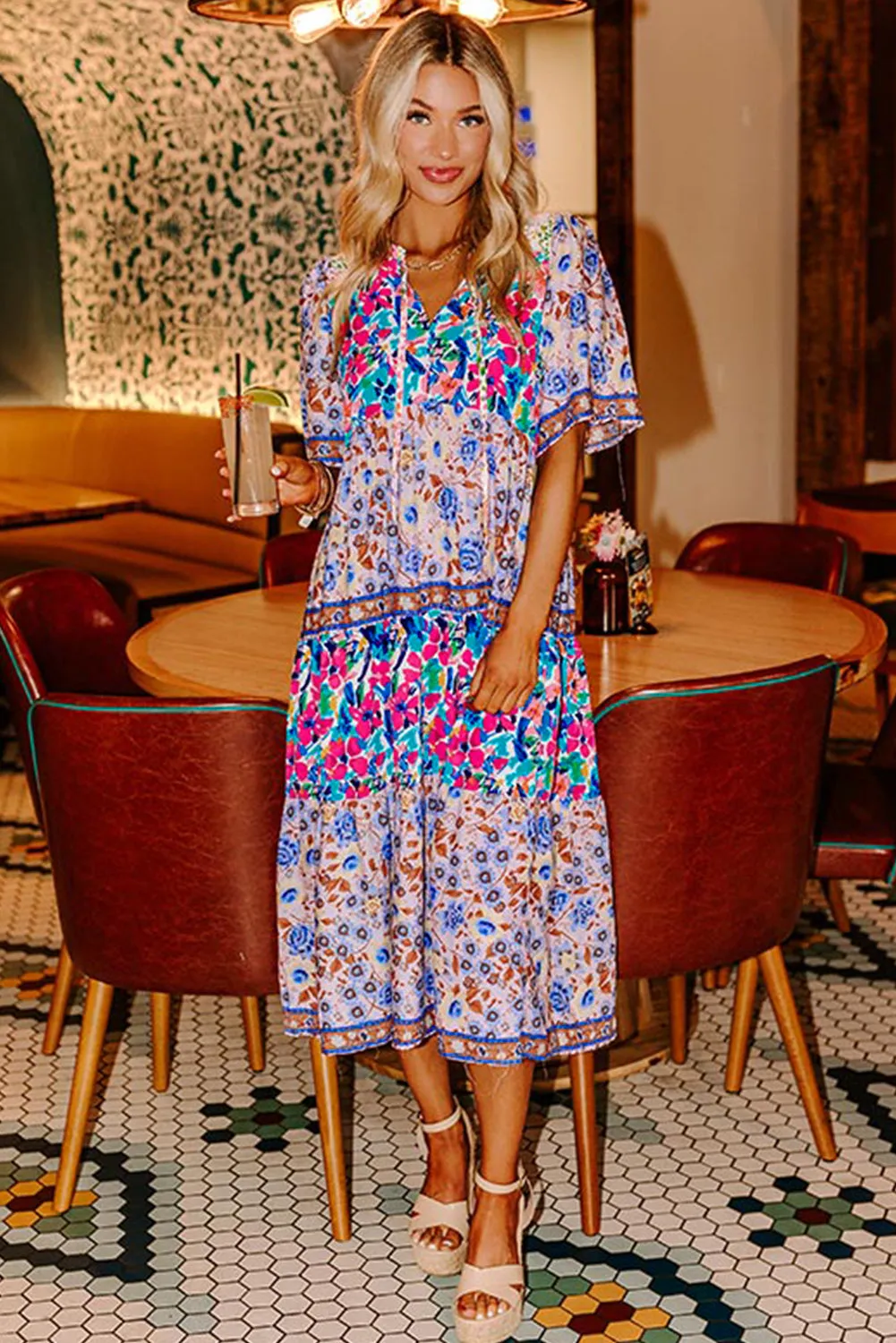 Sky Blue Mixed Floral Print Tie Split Neck Short Sleeve Dress sold by eAura product image thumbnail 4