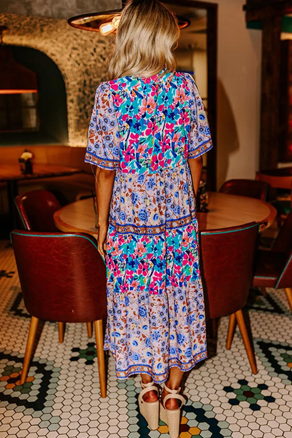 Sky Blue Mixed Floral Print Tie Split Neck Short Sleeve Dress sold by eAura product image thumbnail 2