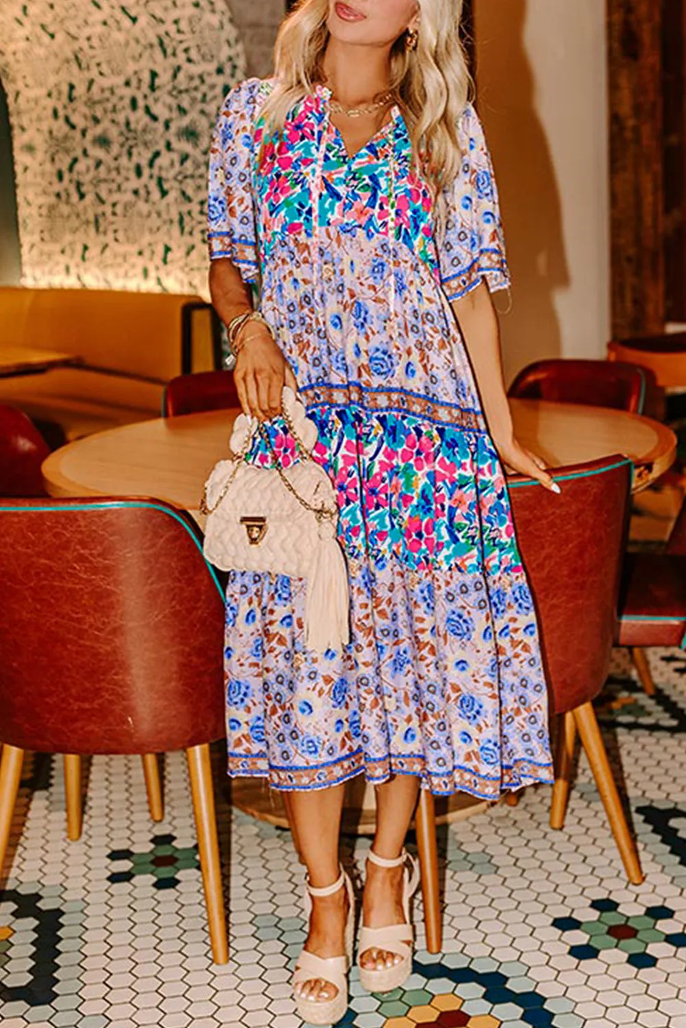 Sky Blue Mixed Floral Print Tie Split Neck Short Sleeve Dress sold by eAura