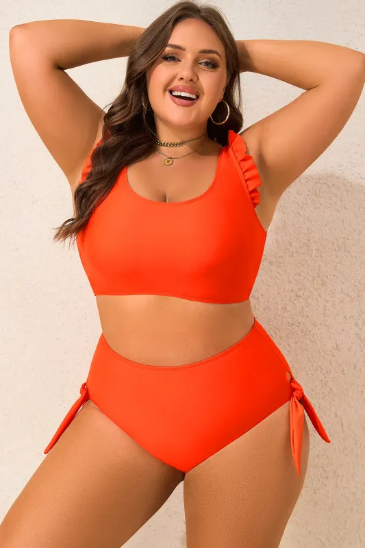 Orange Ruffled Trim Knotted High Waist Plus Size Bikini Set sold by eAura