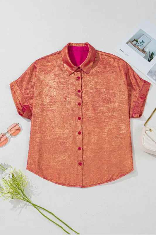 Rose Red Plus Size Metallic Sheen Short Sleeve Button Up Shirt sold by eAura