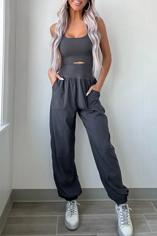 Carbon Grey Back Crossed Straps Hollow Out Jogger Jumpsuit sold by eAura