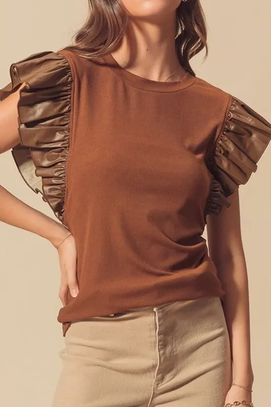 Cinnamon Leather Ruffle Sleeve Patchwork Round Neck Blouse sold by eAura