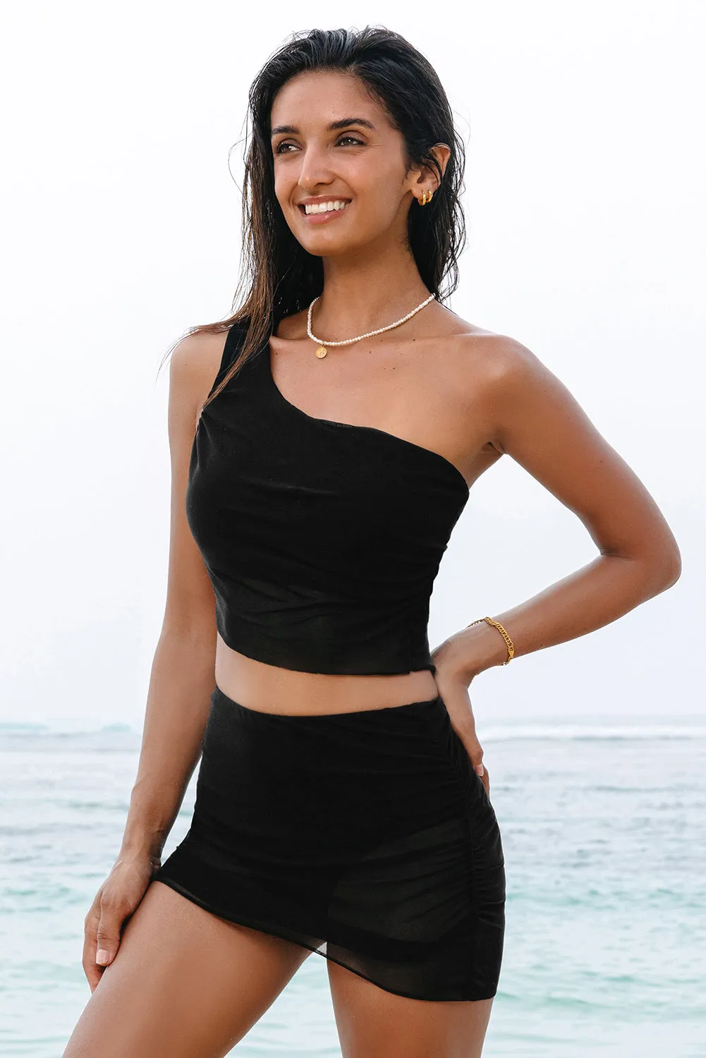 Black Pleated Mesh One Shoulder Bikini Top and Skirts Set sold by eAura product image thumbnail 4