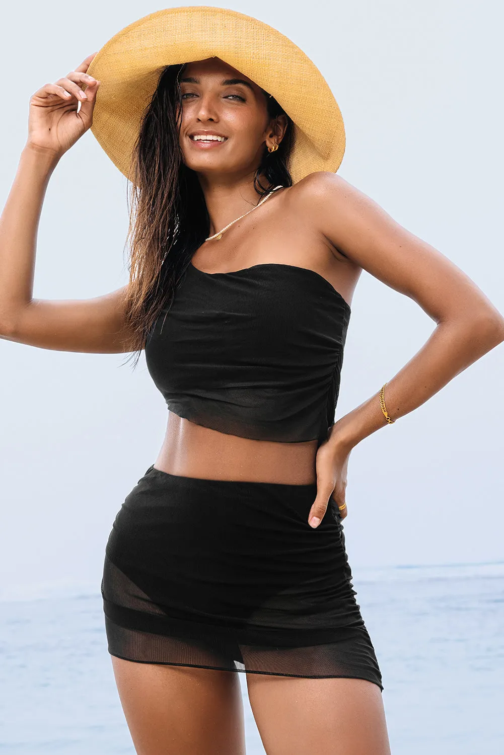 Black Pleated Mesh One Shoulder Bikini Top and Skirts Set sold by eAura product image thumbnail 3