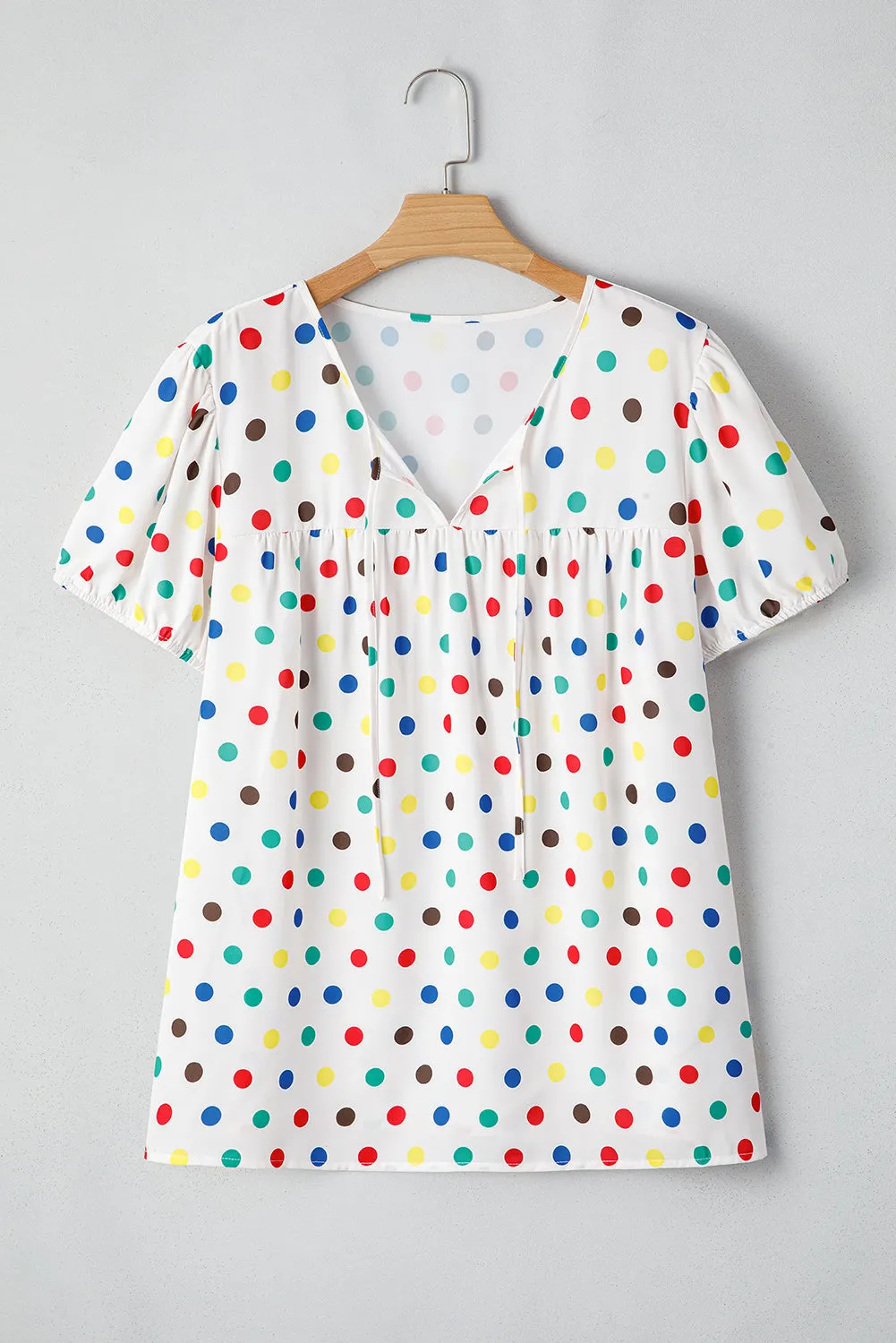 Apricot Plus Size Colourful Polka Dots Tie Neck Puff Sleeve Blouse sold by eAura product image thumbnail 4