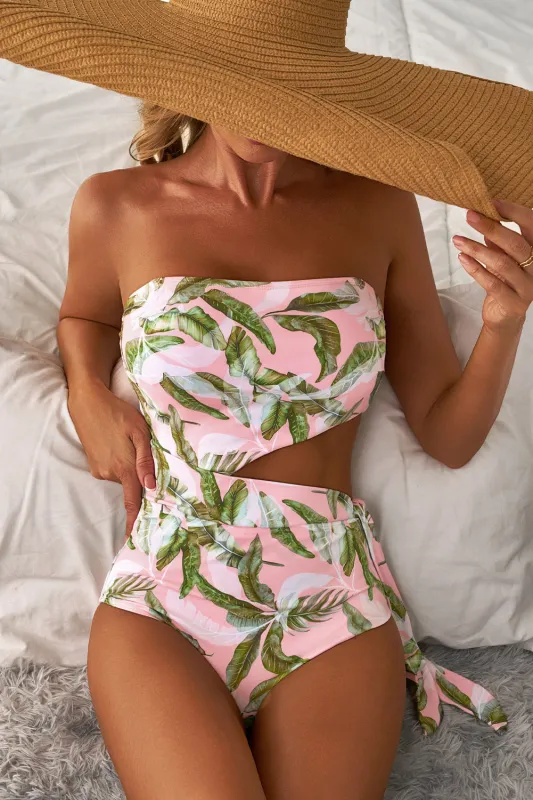 Pink Tropical Asymmetric Cut out Halter Backless One Piece Swimwear sold by eAura