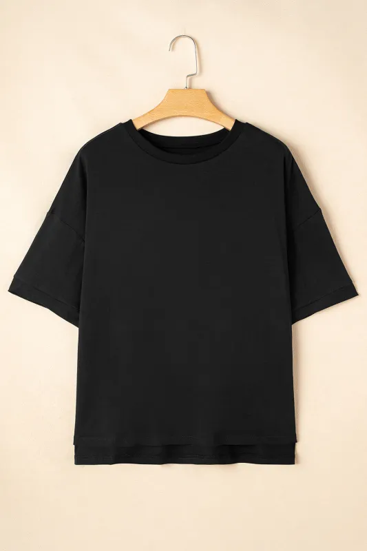 Black Loose Half Sleeve Hi Low Hem T Shirt sold by eAura