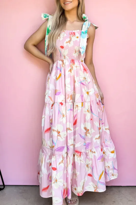 Pink Floral Print Knotted Shoulder Smocked Maxi Dress sold by eAura