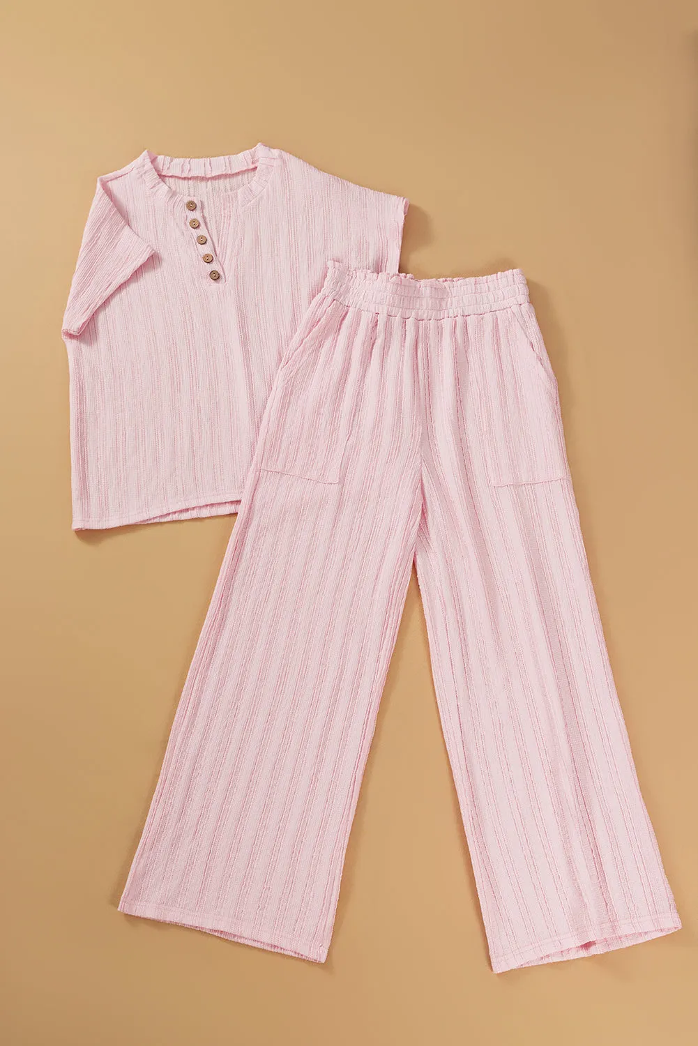 Light Pink Textured Short Sleeve Henley Top and Pocketed Wide Leg Trousers sold by eAura product image thumbnail 5