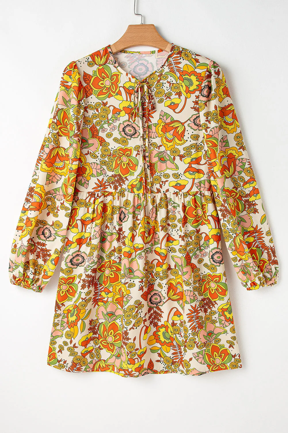 Yellow Cream Floral Print V Neck Puff Sleeve Mini Dress sold by eAura product image thumbnail 5